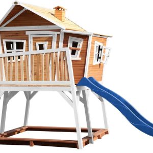 AXI Max Speelhuis in Bruin/Wit – Met Verdieping, Zandbak en Blauwe Glijbaan – Speelhuisje voor de tuin / buiten – FSC hout – Speeltoestel voor kinderen