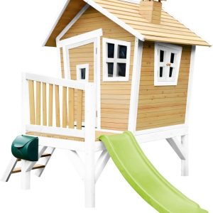AXI Robin Speelhuis in Bruin/Wit – Met Verdieping en Limoen Groene Glijbaan – Speelhuisje voor de tuin / buiten – FSC hout – Speeltoestel voor kinderen