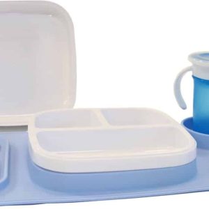 Deryan Quuby Set – Placemat – Plate Set – kinderservies – Drinkbeker – Blauw/Wit