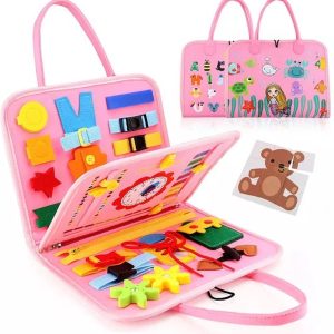 EverToys Busy Board – 4-delige vaardigheden – Klok lezen – Motoriek Map voor Thuis en Onderweg – Leren Veter Strikken – Activiteitenbord – 25 Zelfkleden Vaardigheden Kinderen – Educatief Spel – Roze